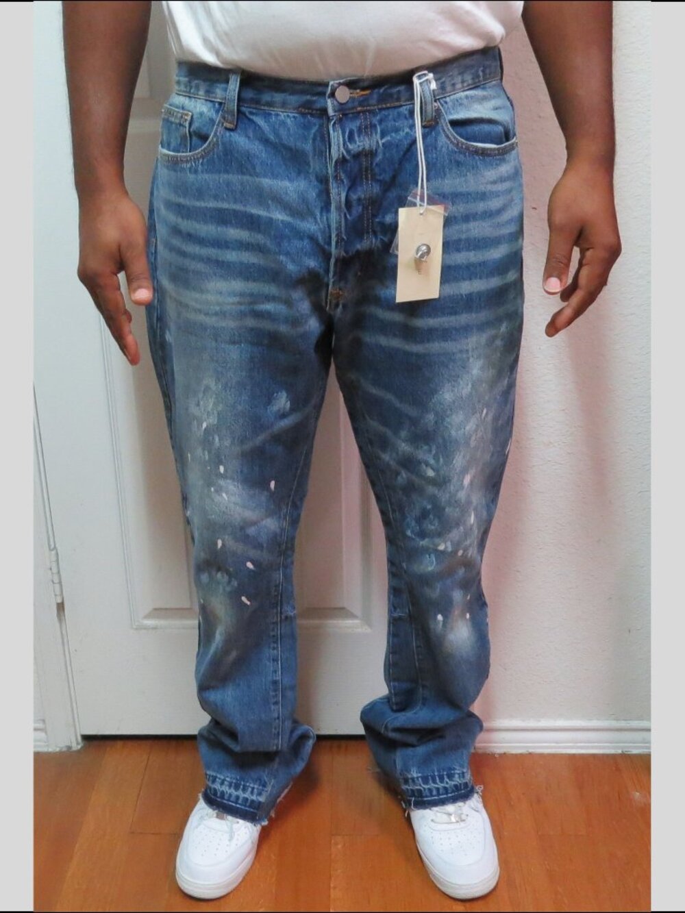 NEW Sz 38 MNML Flare Stacked Hem Men’s Paint Splatter Blue Jeans